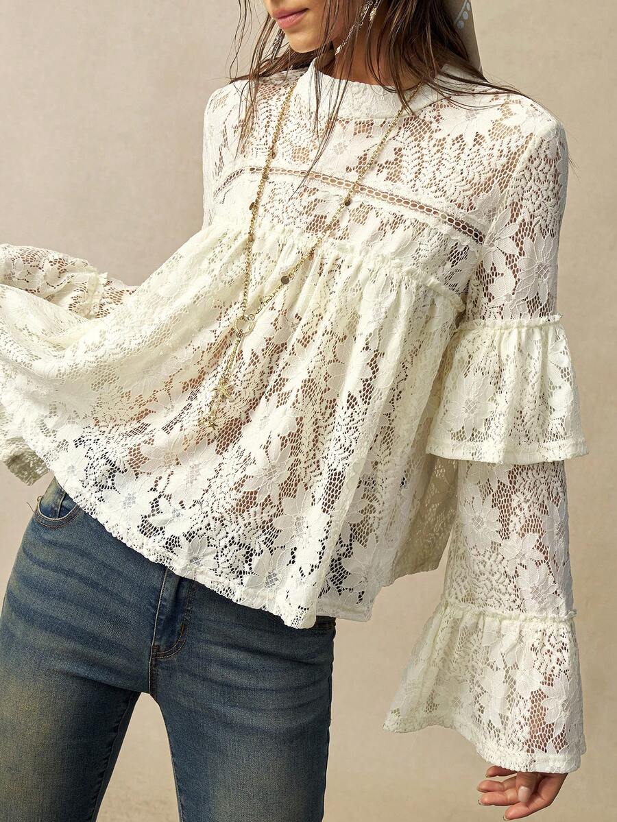 Bohemela Áo kiểu Boho màu trơn, chất liệu dệt kim, cổ tròn, tay loe, viền bèo nhún, thích hợp cho nữ, mùa đông, mùa xuân, ngày Valentine, lễ hội âm nhạc, kỳ nghỉ. - Màu be - Xem 1