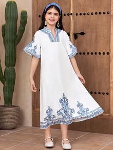 Tween Girls' Casual Vacation White And Blue Floral Summer Boho Holiday V-Neck A-Line Patchwork Flare Sleeve,Long Woven Dress - Baby Blue - View 3