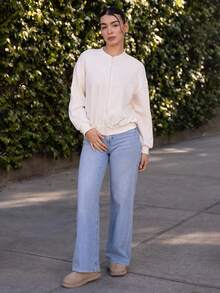 Andrea Bello 拉链外套卫衣运动套装，缝线细节，返校季秋冬舒适圣诞可爱休闲日常胶囊衣橱Y2K街头风米色 - 米色 - 查看 4