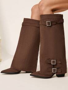 CUCCOO CHICEST Women's Pointed Toe Buckle Design Tall Boots For Christmas - Coffee Brown - View 4