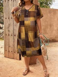 EMERY ROSE Plus Size Plaid Patchwork Print V-Neck Button Decor Dress - Coffee Brown - View 1