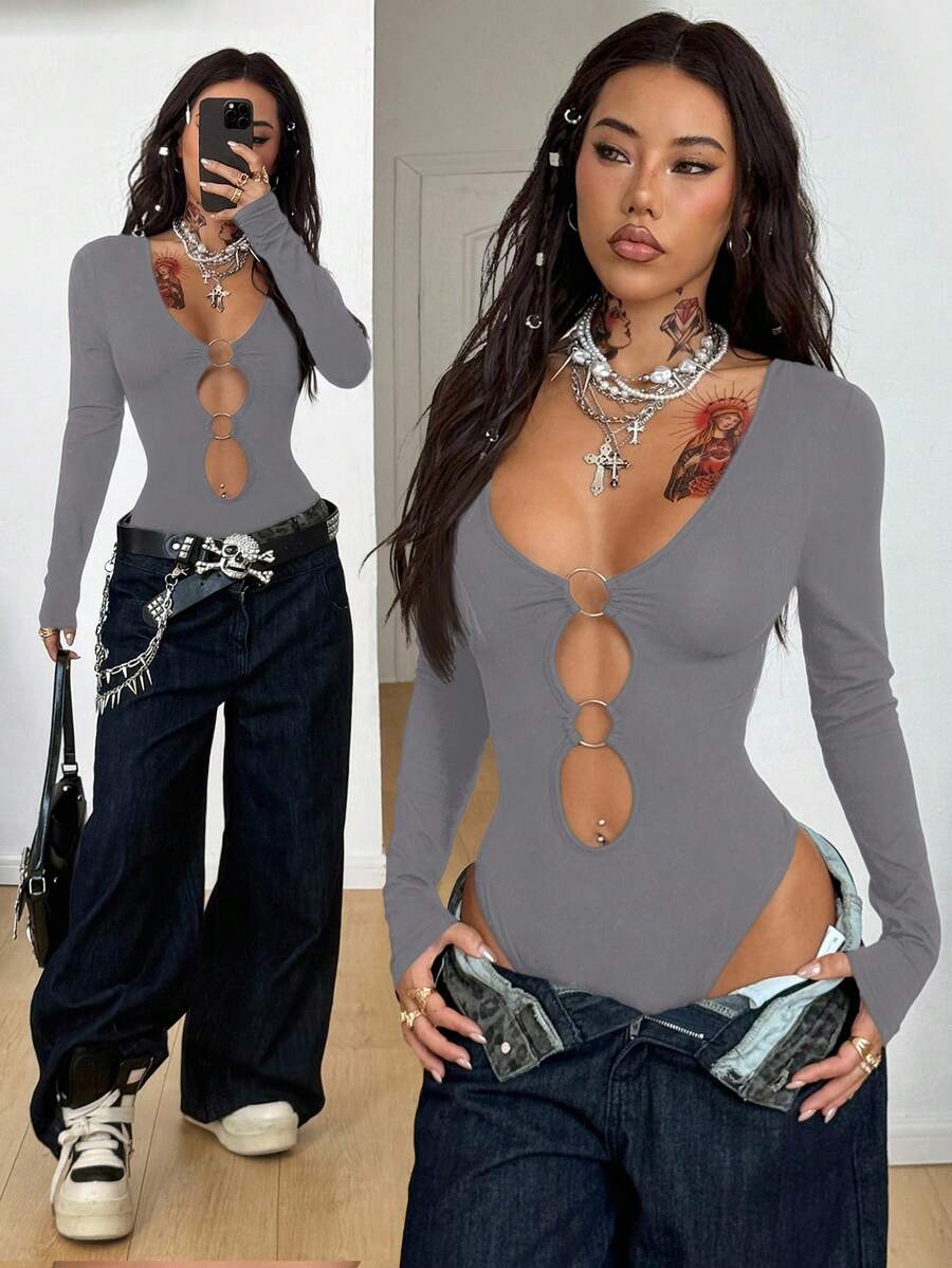 Coolane Women's Spring/Summer Streetwear Rave Outfit Music Festival Y2K Gyaru Cut Out Stretchy Grommet Eyelet Long Sleeve  Grey Jumpsuits - Grey - View 1