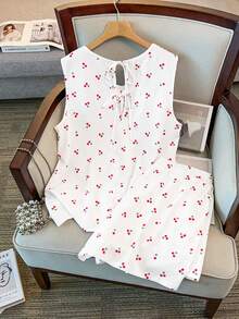 GlowEve CURVE 大码女式樱桃印花露背系带上衣和口袋短裤两件套，适合情人节约会 - 白色 - 查看 2