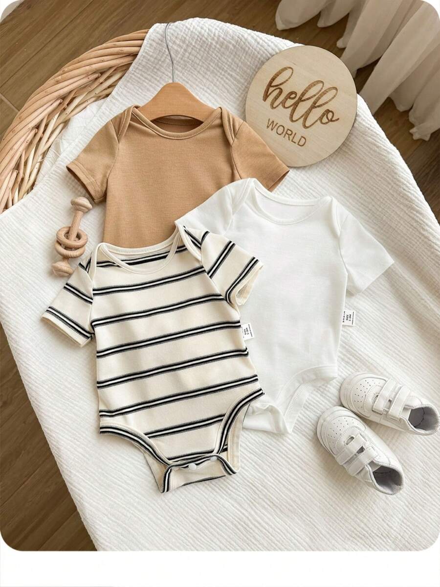 SHEIN Bộ 3 món áo liền thân tay ngắn kẻ sọc dễ thương cho bé trai sơ sinh. - Màu Khaki - Xem 1
