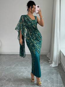 Rafferiza Women's Green Shimmering Gold Lace Shawl Dress, Waist-Revealing, Fitted, Halter-Neck, Faux Two-Piece Set, Suitable For Holiday Wear, Summer Dress, Women's Long Summer Dress, Casual Banquet Attire, Banquet Wear, Wedding Guest Dress, Everyday Commuting, Carnival Costume, Robe Dress, Shawl Women's Dress, St. Patrick's Carnival Costume, Luxury Wedding Evening Dress, Wedding Party Dress, Wedding And Event Dress, Modified Lace Women's Long Dress, Sparkly Dress, Glittery Dress.Graduation Season Attire, Fashionable Casual Commuter Wear, Business Office Wear, Versatile And Stylish Everyday Casual Wear, Urban Teacher's Professional Attire - Green - View 2