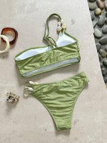Swim Chiccia Women Elegant Beaded Wavy Fabric Side Hollow Green Bikini Set, Spring/Summer - Green - View 4