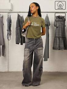 COUREZ 灰色水洗低腰工装牛仔裤/Y2K低腰牛仔裤外出穿搭街头风棉质复古秋季女装秋季服装 - 灰色 - 查看 1