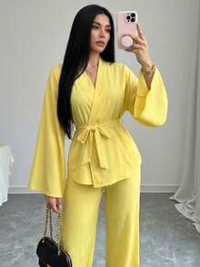 Firerie Bộ áo khoác cardigan cạp rộng thanh lịch, giản dị, đi nghỉ mát, đi làm mới dành cho nữ và quần cạp chun, Bộ áo cánh dài tay đơn giản, thiết kế quấn, dây rút, quần cạp chun, trang trọng, bohemian, hẹn hò, đám cưới, công sở, trang phục xuân thu đông, bộ đồ thường ngày rộng rãi, bộ màu vàng kem - Vàng nhạt - Xem 3