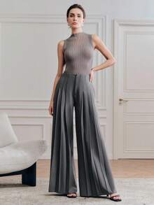 Anewsta 优雅时尚的灰色阔腿裤，高腰宽松垂坠设计，显瘦百搭休闲裤 - 灰色 - 查看 5