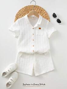 Cozy Pixies 2pcs Young Boy Set:Textured Knit Soft Collar Short Sleeve Cardigan And Elastic Waist Shorts,Summer Matching Family Vacation Button Up Linen Outfit - White - View 3