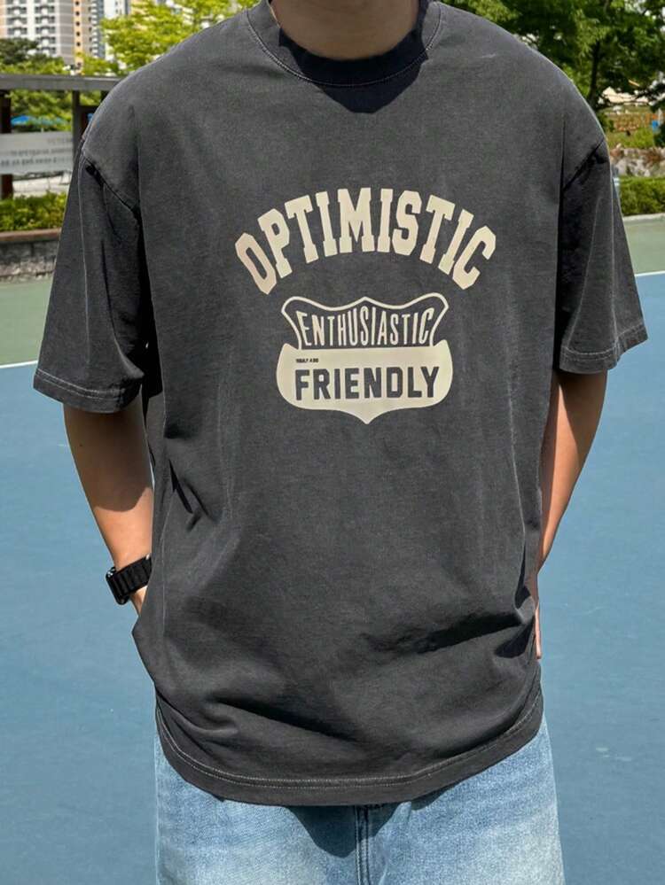 Men's Grey Letter Print Round Neck T-Shirt, Summer