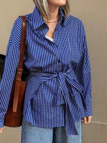 Vivie Lora Women's Blue Plaid Loose Casual Shirt - Blue - View 2