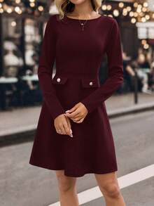 EMERY ROSE Vestido corto de mujer de unicolor elegante con cintura ceñida, adecuado para ir al trabajo - Burdeos - Ver 4