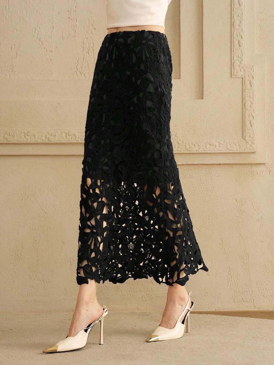 Arave Women's Water-Soluble Lace Knitted Design Lace Temperament Charm Elegant Date Hollow Skirt Autumn New Year Black Lace Skirt  Leisure, Dating - Black - View 1