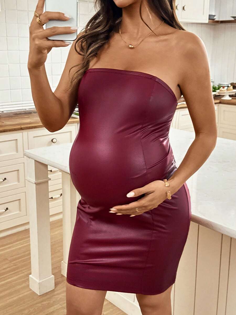 SHEIN 孕妇时尚性感纯色抹胸紧身连衣裙