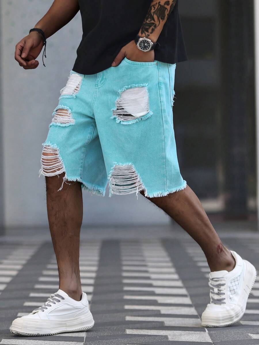 Manfinity Roughcore Men's Casual Washed Distressed Denim Shorts Teal Jean Shorts Men - Green - View 1