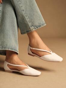 Rosivie Giày bệt nữ thời trang đơn giản, đa năng, màu trơn, kiểu dáng khoét lỗ, có khóa điều chỉnh. - Màu be - Xem 1