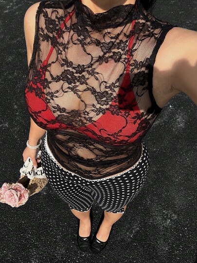 SHEIN EZwear 大码女式黑色蕾丝透明简约衬衫，休闲度假