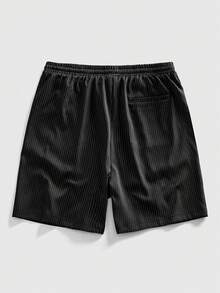 ROMWE MEN Street Life 男士深色条纹字母印花短裤 - 黑色 - 查看 2