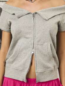 COUREZ Off Shoulder Short Sleeve Light Weight Jersey Sweatshirt Top /Y2K Women Cute Tops Going Out Cotton Sweatshirt - Grey - View 6