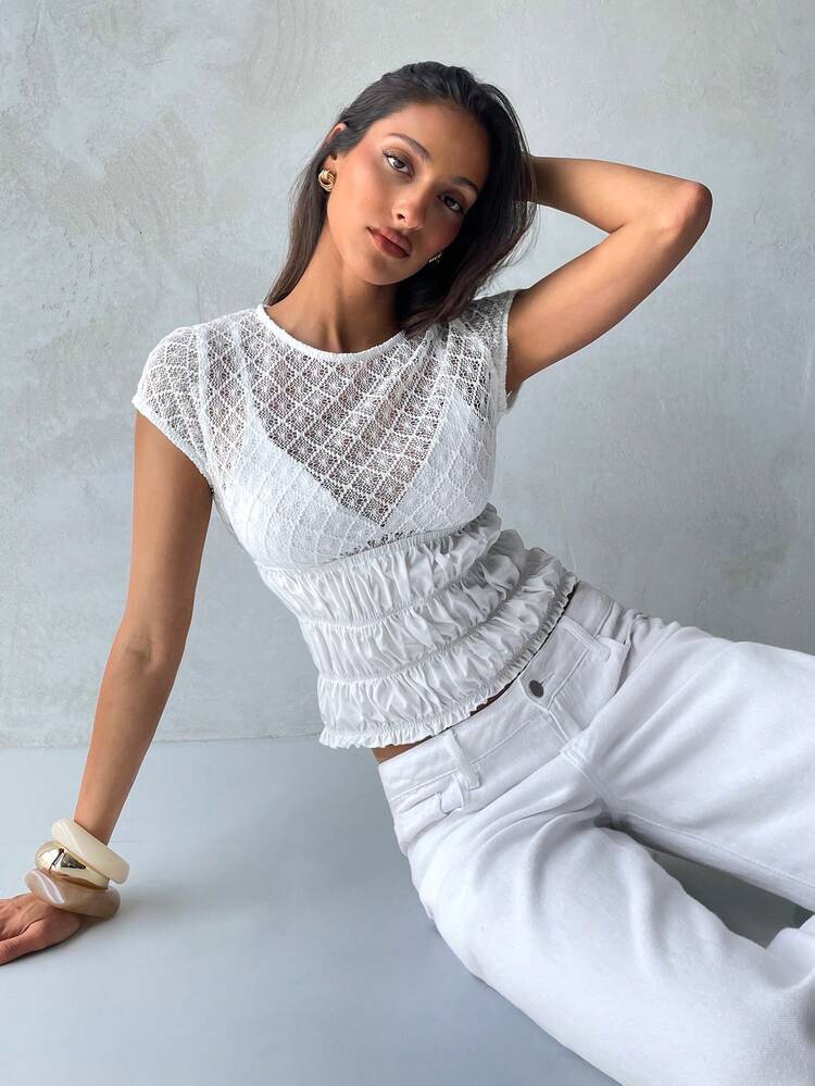 Aloruh Camiseta de mujer con mangas cortas transparentes, cintura ajustada, parches de encaje y satén fruncido - Albaricoque - Añade 4