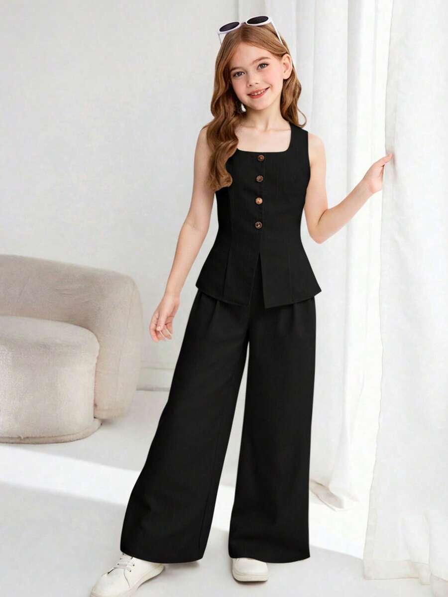 SHEIN Tween Girl Casual Elegant Commute Street Jacquard Striped Button Front Sleeveless Vest Top And Straight Leg Pants Set Summer Outfits - Black - View 1