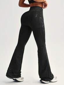 Dewbera Women's Black Skinny Sweatpants With Pockets, Flocked Branch Pattern, High Waist, Suitable For Daily Casual Wear, Running, Yoga, Gym, Tennis, Golf, Autumn/Winter - Black - View 5