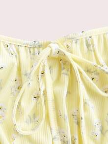 SHEIN EZwear 性感夏季黄色针织紧身迷你连衣裙，细肩带，沙滩连衣裙，度假装，波西米亚风，束身连衣裙 - 黃色 - 查看 4