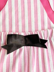 EURMUSE Cotton 2Pcs Striped&BOW Printed Long Sleeve Shirt And Striped Long Bottom Lounge Set - Pink - View 6