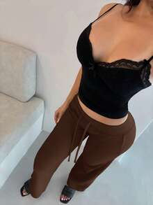 Shopreo 柔软针织质感高腰休闲裤 - 巧克力棕 - 查看 3