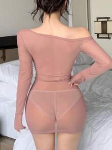 DAZY Sheer Mesh Open Shoulder Bodycon Sexy Nightgown For Going Out - Pink - View 2