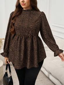 SHEIN LUNE Plus Size Casual Scalloped Collar Leopard Print T-Shirt, Autumn Leopard Print Top - Black - View 7