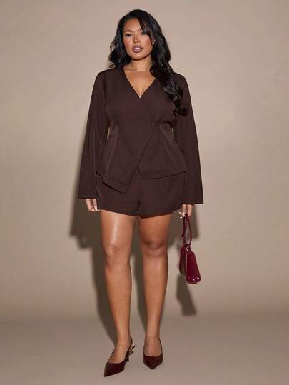 SHEIN BAE Plus Size Women V-Neck Asymmetric Hem Long Sleeve Top And Shorts Suit Set,Fall Women Clothes ,Women's Elegant Business Commuter Wine Red Blazers Old Money Style Solid Color Minimalist Basic Office Ankora Red Coat Teacher Outfits For Women Solid Color Fashion Lapel Shoulder Long Sleeve Business Thin Blazer  Burgundy Blazer, Plus Size Shorts Sets, Short Sets For Women Curve