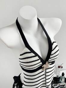 SHEIN Unity Women's Fashionable Sexy Beach Vacation Black & White Multi-Color Halter Tie-Up Knitted Crop Top & Skirt 2-Piece Set, Spring/Summer - Black and White - View 4