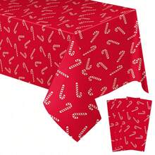 3 Pieces-1Piece Christmas Candy Cane Tablecloth Set, Suitable For Rectangular Tables, Red And Green Disposable Christmas Plastic Tablecloth, Waterproof Candy Cane Christmas Table Decoration, Perfect For Holiday New Year Parties - Red - View 2