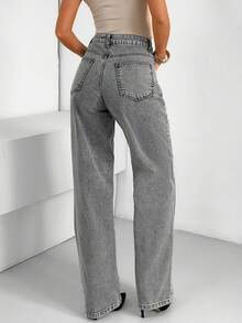 EURMUSE Lässige graue Jeans mit Denimwäsche, niedriger Taille, geradem Bein und Taschen für Frauen - Grau - Übersicht 2