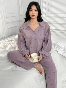 Dazy Plus 2pcs Plus Size Women Ditsy Floral Loose Top With Lace Trim And Casual Pants Pajama Set, Elegant Home Wear - Dusty Purple - View 5