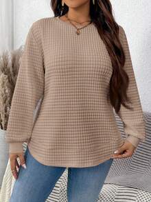 SHEIN LUNE 大码女式休闲纯色纹理长袖卫衣 - 杏色 - 查看 4