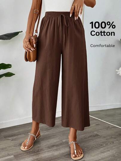 SHEIN LUNE Women's Casual Cotton Linen Blend Ankle Pants, Khaki Color, Suitable For Back To School, Teacher Uniform, Autumn Elastic Waist Pants Brown Pants For Women Wide Leg Pants Women Linen Pants Loose Pants