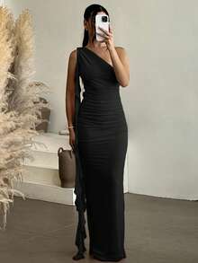 Andrea Bello 优雅不对称褶皱露背连衣裙，网眼荷叶边下摆，女士度假沙滩裙，春夏 - 黑色 - 查看 4