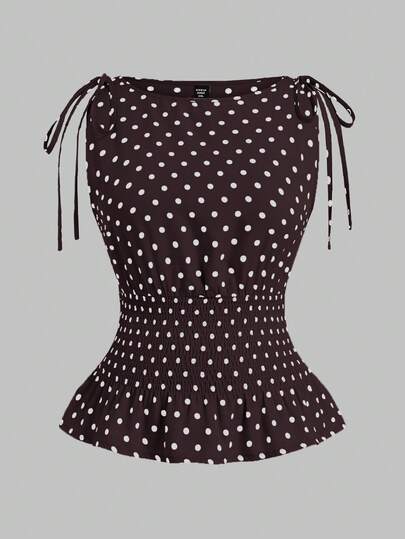 Sweetra 大码波点系带露肩荷叶边下摆无袖吊带背心 波点上衣 波点荷叶边上衣 女士荷叶边上衣 波点上衣