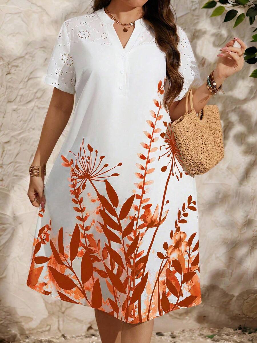 EMERY ROSE 大码女式镂空刺绣拼接印花夏季连衣裙 - 橘色 - 查看 1