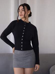 Andrea Bello Short Slim Front Button Solid Color Long Sleeve Simple Casual Knit Cardigan, Sweater,Short Women's Sweater,Women's Sweaters,Knit Sweaters,Winter Women's Clothing,Fall Women's Clothing,FW24,Tops For School - Black - View 3