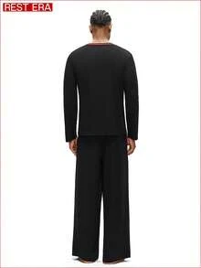 Rest Era 男士睡衣套装，圆领长袖上衣和长裤 - 黑色 - 查看 2