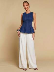 COSMINA 女士牛仔无袖荷叶边下摆弹力修身短款上衣，休闲优雅牛仔无袖背心，收腰牛仔衬衫 - 藍色 - 查看 5