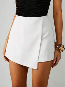 MISSGUIDED High-Waisted Wrap Front Skort Asymmetrical Hem Mini Bottom Summer Layered Look Fashion Piece - Cream - View 1