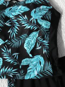 SHEIN 少女修身休闲简约舒适运动圆领无袖侧系带泳衣套装 - 黑色 - 查看 10