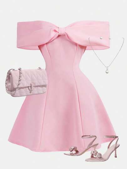 Girlism Vestido mini de fiesta rosa con hombros descubiertos y lazo para niñas adolescentes