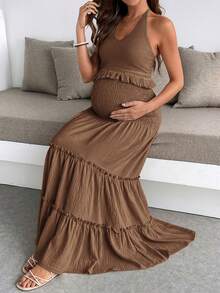 SHEIN Summer Outfits For Women  Women's Summer Set,Summer Outfit For Women  Maternity Solid Color Halter Tie Ruffle Hem Patchwork Top And Gathered Waist Skirt Set, Fashionable For Party And Outings Brown Maternity Dress Pregnancy Dress Maternity Sundress Pregnant Outfits Summer - Coffee Brown - View 5