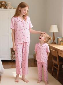 小女孩睡衣套装 - 三件套蝴蝶结领短袖衬衫和长裤休闲舒适睡衣，粉色。母子装（3套另售） - 彩色 - 查看 7